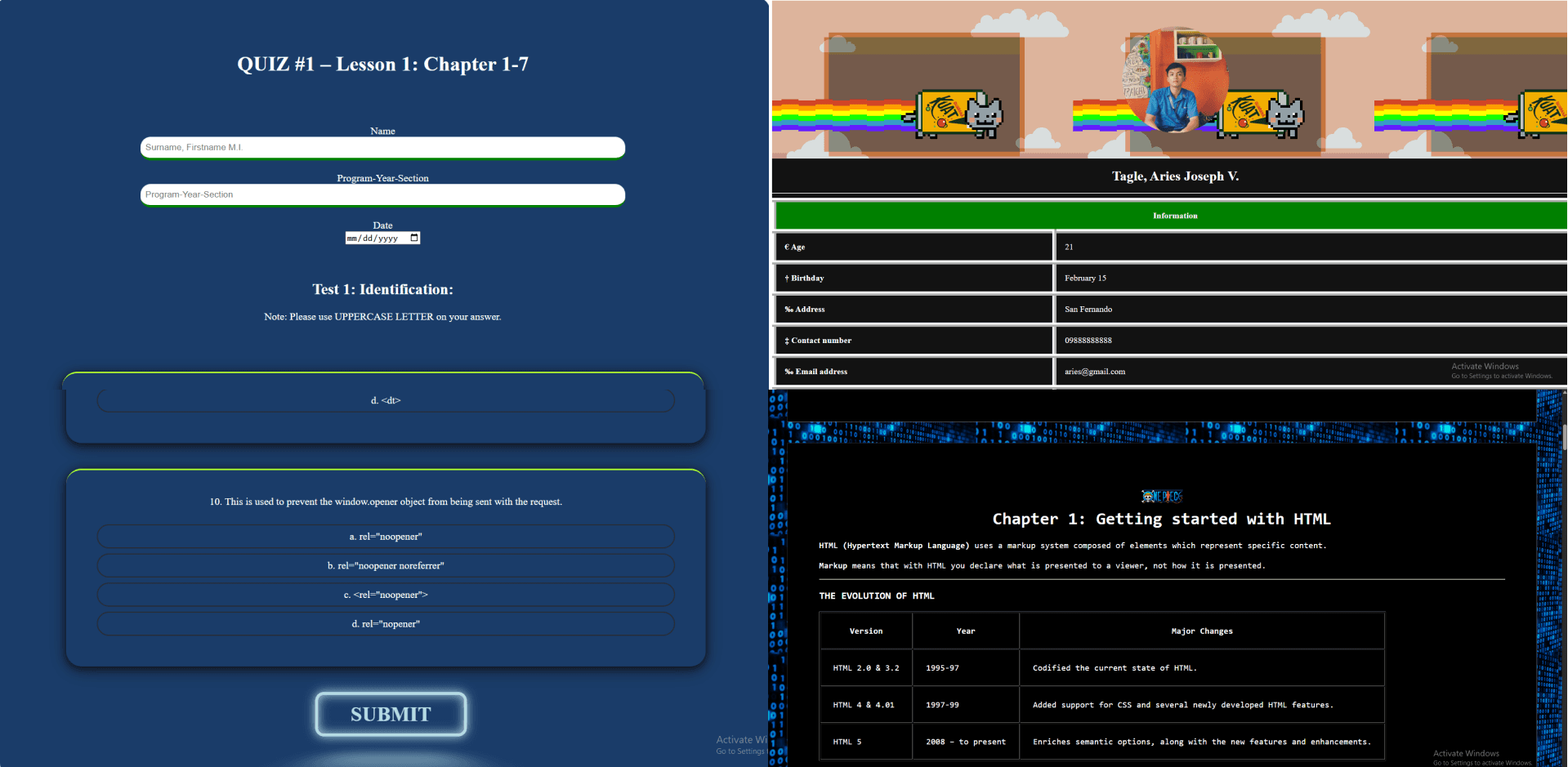 Activities project screenshot showcasing a collection of beginner web development projects