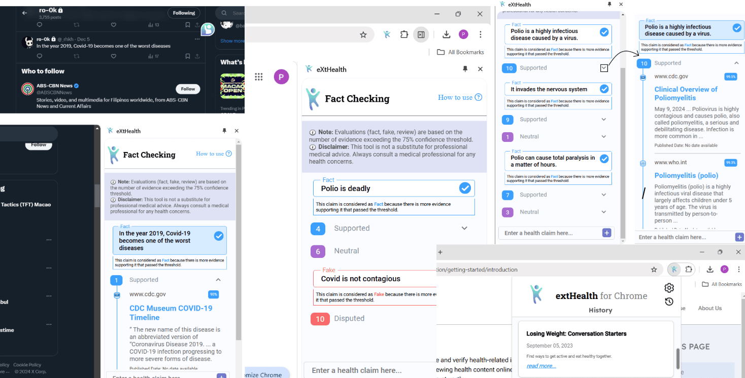 eXtHealth project screenshot showcasing a thesis browser extension project for fact checking using AI