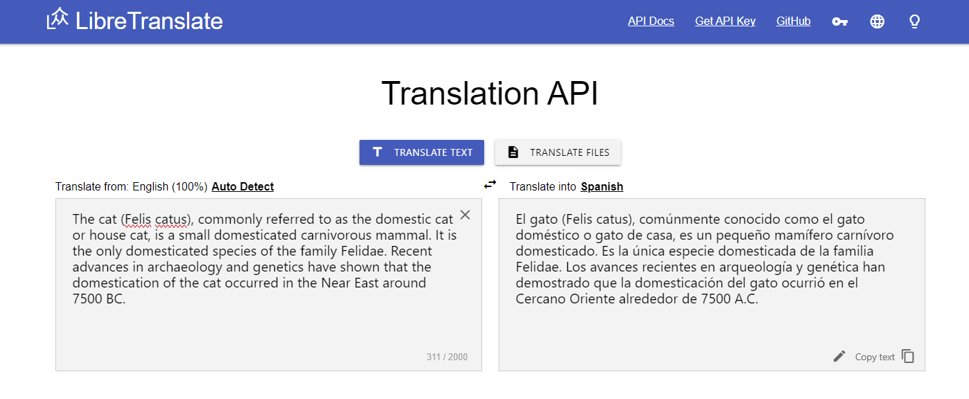 Libre Translate project screenshot of the open source translate