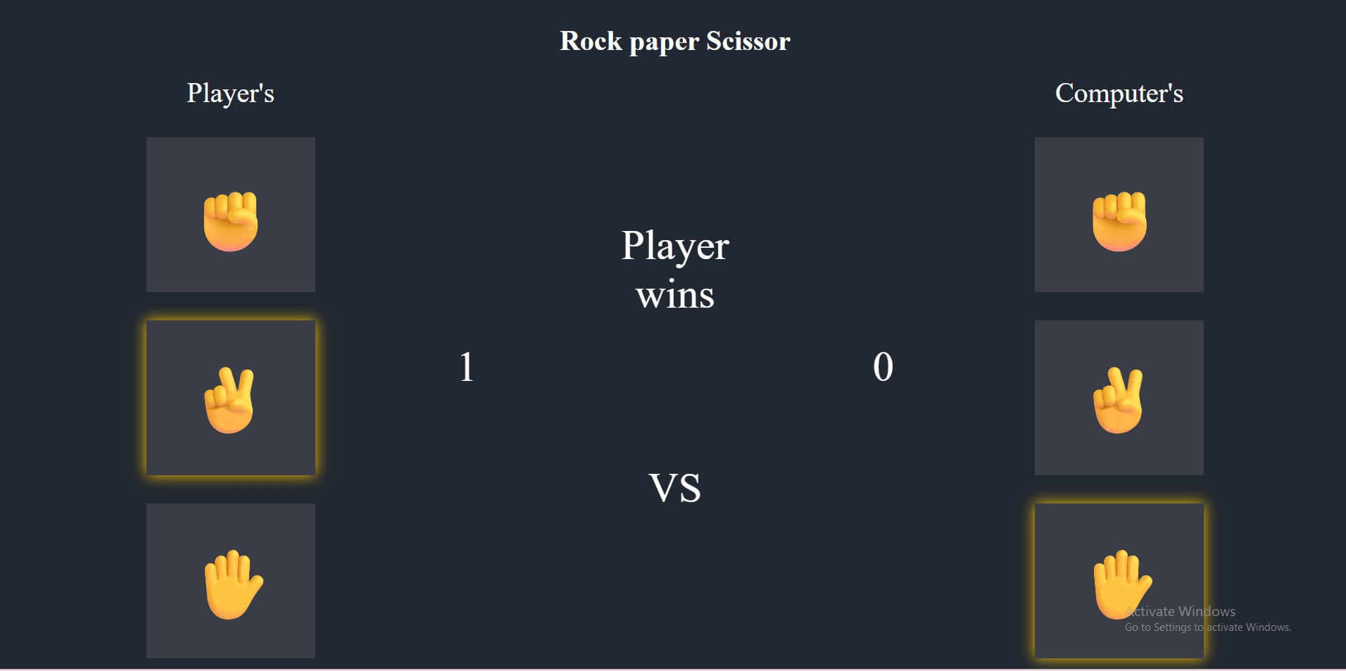 Rock Paper Scissors project screenshot showcasing a rock paper scissors web project